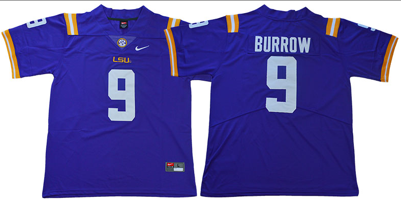 Men LSU Tigers 9 Burrow Purple NCAA Jersey